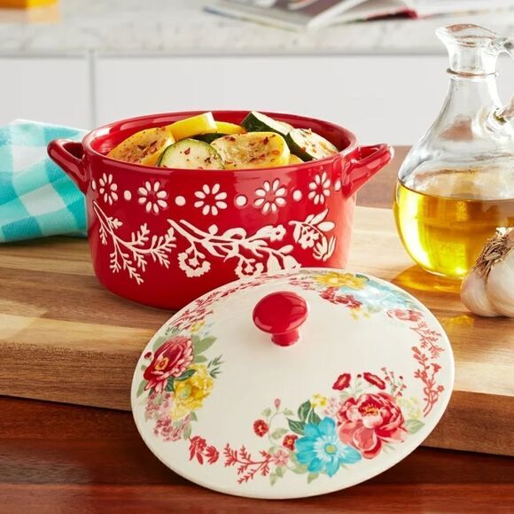 🦋 New Pioneer Woman Fancy Flourish Round Ceramic Casserole Dish with Lid - Picture 3 of 8